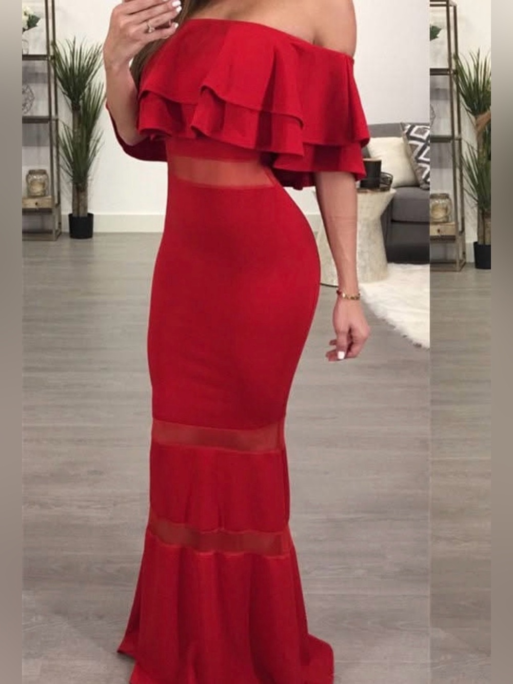 One-Shoulder Red Ruffle Maxi Dress - Picture 2 of 2